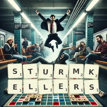 Kreative Illustration für ein Scrabble-Spiel, bei dem das Wort STURMKELLERS mit Steinen auf dem Brett gelegt wurde.