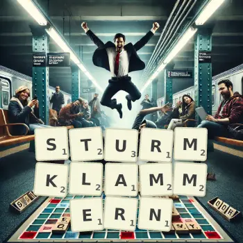 Kreative Illustration für ein Scrabble-Spiel, bei dem das Wort STURMKLAMMERN mit Steinen auf dem Brett gelegt wurde.