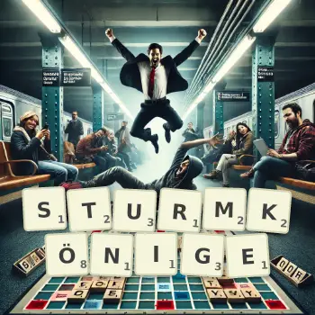 Kreative Illustration für ein Scrabble-Spiel, bei dem das Wort STURMKÖNIGE mit Steinen auf dem Brett gelegt wurde.