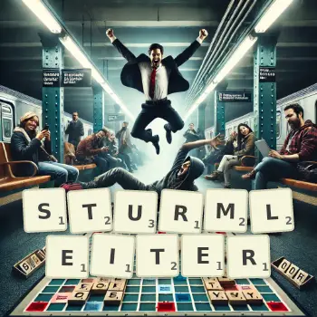 Kreative Illustration für ein Scrabble-Spiel, bei dem das Wort STURMLEITER mit Steinen auf dem Brett gelegt wurde.