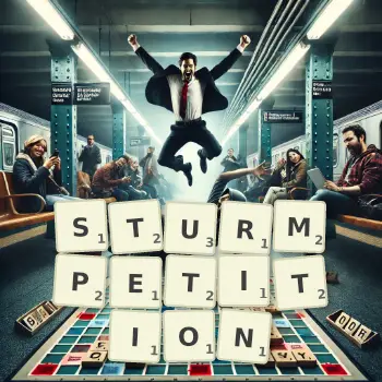 Kreative Illustration für ein Scrabble-Spiel, bei dem das Wort STURMPETITION mit Steinen auf dem Brett gelegt wurde.