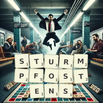 Kreative Illustration für ein Scrabble-Spiel, bei dem das Wort STURMPFOSTENS mit Steinen auf dem Brett gelegt wurde.