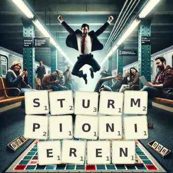 Kreative Illustration für ein Scrabble-Spiel, bei dem das Wort STURMPIONIEREN mit Steinen auf dem Brett gelegt wurde.
