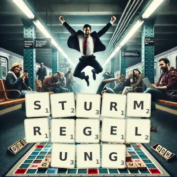 Kreative Illustration für ein Scrabble-Spiel, bei dem das Wort STURMREGELUNG mit Steinen auf dem Brett gelegt wurde.
