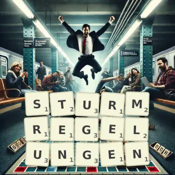 Kreative Illustration für ein Scrabble-Spiel, bei dem das Wort STURMREGELUNGEN mit Steinen auf dem Brett gelegt wurde.