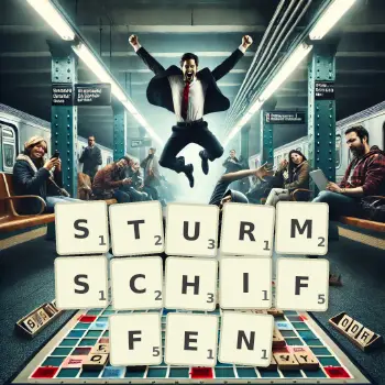 Kreative Illustration für ein Scrabble-Spiel, bei dem das Wort STURMSCHIFFEN mit Steinen auf dem Brett gelegt wurde.