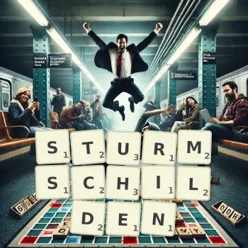 Kreative Illustration für ein Scrabble-Spiel, bei dem das Wort STURMSCHILDEN mit Steinen auf dem Brett gelegt wurde.