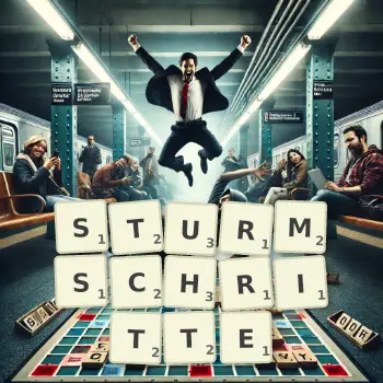 Kreative Illustration für ein Scrabble-Spiel, bei dem das Wort STURMSCHRITTE mit Steinen auf dem Brett gelegt wurde.