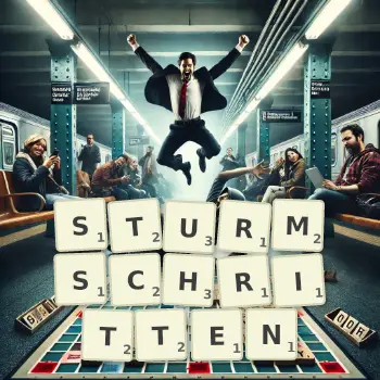 Kreative Illustration für ein Scrabble-Spiel, bei dem das Wort STURMSCHRITTEN mit Steinen auf dem Brett gelegt wurde.