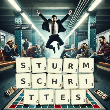 Kreative Illustration für ein Scrabble-Spiel, bei dem das Wort STURMSCHRITTES mit Steinen auf dem Brett gelegt wurde.