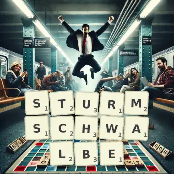 Kreative Illustration für ein Scrabble-Spiel, bei dem das Wort STURMSCHWALBE mit Steinen auf dem Brett gelegt wurde.