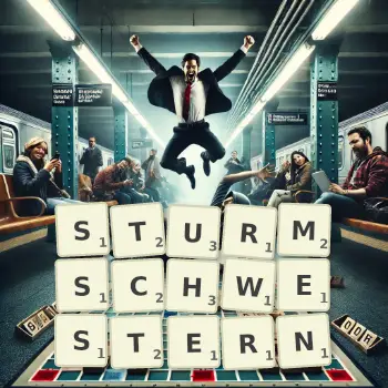 Kreative Illustration für ein Scrabble-Spiel, bei dem das Wort STURMSCHWESTERN mit Steinen auf dem Brett gelegt wurde.