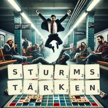 Kreative Illustration für ein Scrabble-Spiel, bei dem das Wort STURMSTÄRKEN mit Steinen auf dem Brett gelegt wurde.