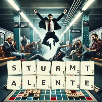 Kreative Illustration für ein Scrabble-Spiel, bei dem das Wort STURMTALENTE mit Steinen auf dem Brett gelegt wurde.