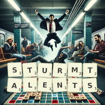 Kreative Illustration für ein Scrabble-Spiel, bei dem das Wort STURMTALENTS mit Steinen auf dem Brett gelegt wurde.