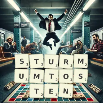 Kreative Illustration für ein Scrabble-Spiel, bei dem das Wort STURMUMTOSTEN mit Steinen auf dem Brett gelegt wurde.