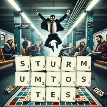 Kreative Illustration für ein Scrabble-Spiel, bei dem das Wort STURMUMTOSTES mit Steinen auf dem Brett gelegt wurde.
