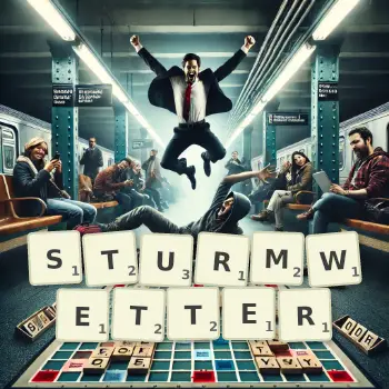 Kreative Illustration für ein Scrabble-Spiel, bei dem das Wort STURMWETTER mit Steinen auf dem Brett gelegt wurde.