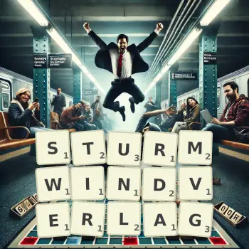 Kreative Illustration für ein Scrabble-Spiel, bei dem das Wort STURMWINDVERLAG mit Steinen auf dem Brett gelegt wurde.