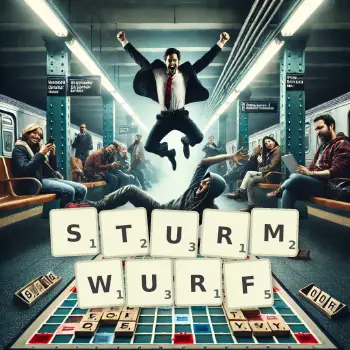 Kreative Illustration für ein Scrabble-Spiel, bei dem das Wort STURMWURF mit Steinen auf dem Brett gelegt wurde.