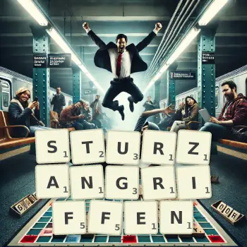 Kreative Illustration für ein Scrabble-Spiel, bei dem das Wort STURZANGRIFFEN mit Steinen auf dem Brett gelegt wurde.