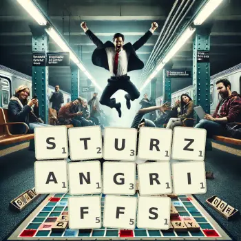 Kreative Illustration für ein Scrabble-Spiel, bei dem das Wort STURZANGRIFFS mit Steinen auf dem Brett gelegt wurde.