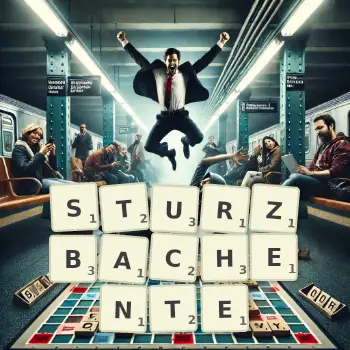 Kreative Illustration für ein Scrabble-Spiel, bei dem das Wort STURZBACHENTE mit Steinen auf dem Brett gelegt wurde.