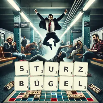 Kreative Illustration für ein Scrabble-Spiel, bei dem das Wort STURZBÜGEL mit Steinen auf dem Brett gelegt wurde.