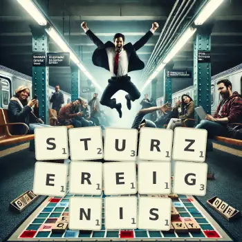 Kreative Illustration für ein Scrabble-Spiel, bei dem das Wort STURZEREIGNIS mit Steinen auf dem Brett gelegt wurde.