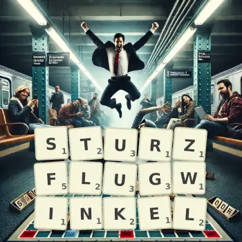 Kreative Illustration für ein Scrabble-Spiel, bei dem das Wort STURZFLUGWINKEL mit Steinen auf dem Brett gelegt wurde.