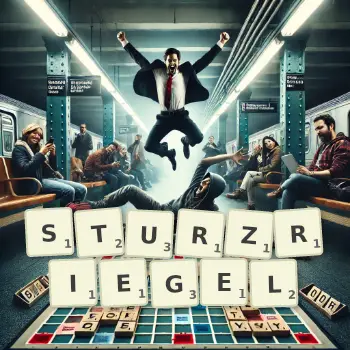 Kreative Illustration für ein Scrabble-Spiel, bei dem das Wort STURZRIEGEL mit Steinen auf dem Brett gelegt wurde.