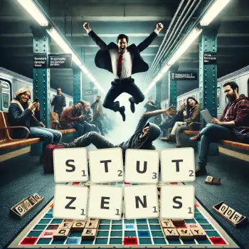 Kreative Illustration für ein Scrabble-Spiel, bei dem das Wort STUTZENS mit Steinen auf dem Brett gelegt wurde.