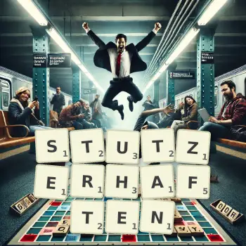 Kreative Illustration für ein Scrabble-Spiel, bei dem das Wort STUTZERHAFTEN mit Steinen auf dem Brett gelegt wurde.
