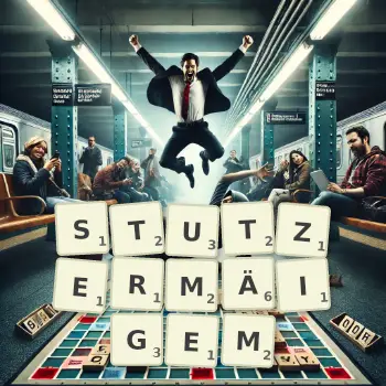 Kreative Illustration für ein Scrabble-Spiel, bei dem das Wort STUTZERMÄIGEM mit Steinen auf dem Brett gelegt wurde.