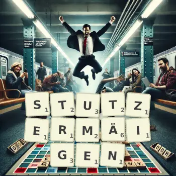 Kreative Illustration für ein Scrabble-Spiel, bei dem das Wort STUTZERMÄIGEN mit Steinen auf dem Brett gelegt wurde.
