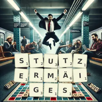 Kreative Illustration für ein Scrabble-Spiel, bei dem das Wort STUTZERMÄIGES mit Steinen auf dem Brett gelegt wurde.