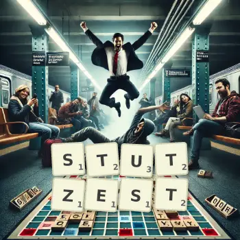 Kreative Illustration für ein Scrabble-Spiel, bei dem das Wort STUTZEST mit Steinen auf dem Brett gelegt wurde.