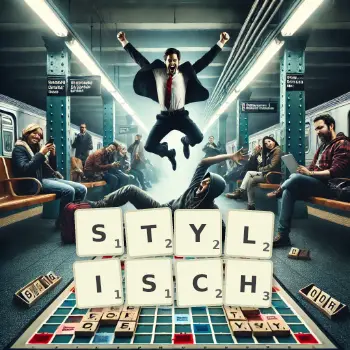 Kreative Illustration für ein Scrabble-Spiel, bei dem das Wort STYLISCH mit Steinen auf dem Brett gelegt wurde.