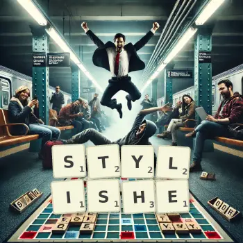 Kreative Illustration für ein Scrabble-Spiel, bei dem das Wort STYLISHE mit Steinen auf dem Brett gelegt wurde.