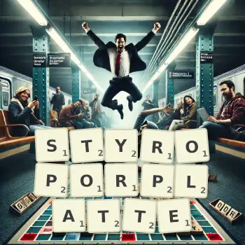 Kreative Illustration für ein Scrabble-Spiel, bei dem das Wort STYROPORPLATTE mit Steinen auf dem Brett gelegt wurde.