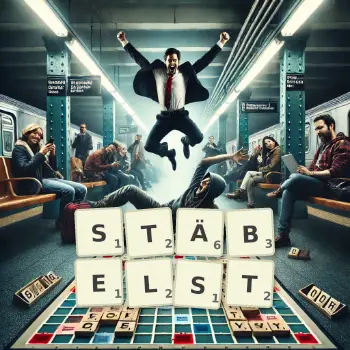 Kreative Illustration für ein Scrabble-Spiel, bei dem das Wort STÄBELST mit Steinen auf dem Brett gelegt wurde.
