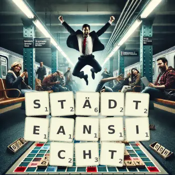 Kreative Illustration für ein Scrabble-Spiel, bei dem das Wort STÄDTEANSICHT mit Steinen auf dem Brett gelegt wurde.