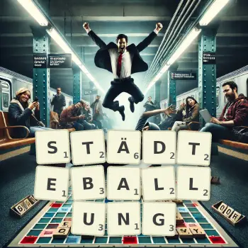Kreative Illustration für ein Scrabble-Spiel, bei dem das Wort STÄDTEBALLUNG mit Steinen auf dem Brett gelegt wurde.