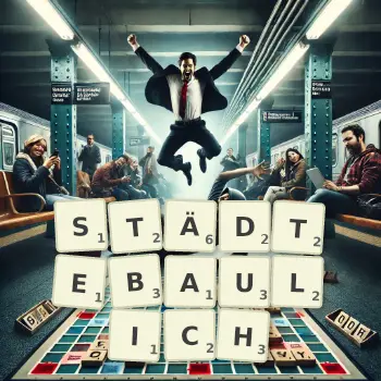 Kreative Illustration für ein Scrabble-Spiel, bei dem das Wort STÄDTEBAULICH mit Steinen auf dem Brett gelegt wurde.