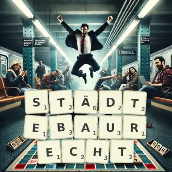 Kreative Illustration für ein Scrabble-Spiel, bei dem das Wort STÄDTEBAURECHT mit Steinen auf dem Brett gelegt wurde.