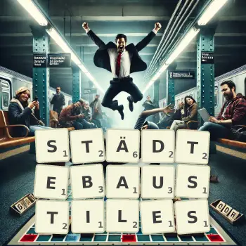 Kreative Illustration für ein Scrabble-Spiel, bei dem das Wort STÄDTEBAUSTILES mit Steinen auf dem Brett gelegt wurde.
