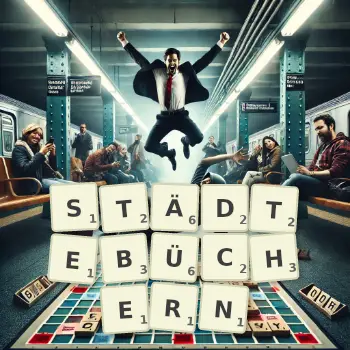 Kreative Illustration für ein Scrabble-Spiel, bei dem das Wort STÄDTEBÜCHERN mit Steinen auf dem Brett gelegt wurde.