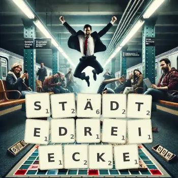 Kreative Illustration für ein Scrabble-Spiel, bei dem das Wort STÄDTEDREIECKE mit Steinen auf dem Brett gelegt wurde.