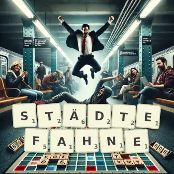 Kreative Illustration für ein Scrabble-Spiel, bei dem das Wort STÄDTEFAHNE mit Steinen auf dem Brett gelegt wurde.