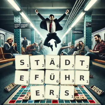 Kreative Illustration für ein Scrabble-Spiel, bei dem das Wort STÄDTEFÜHRERS mit Steinen auf dem Brett gelegt wurde.